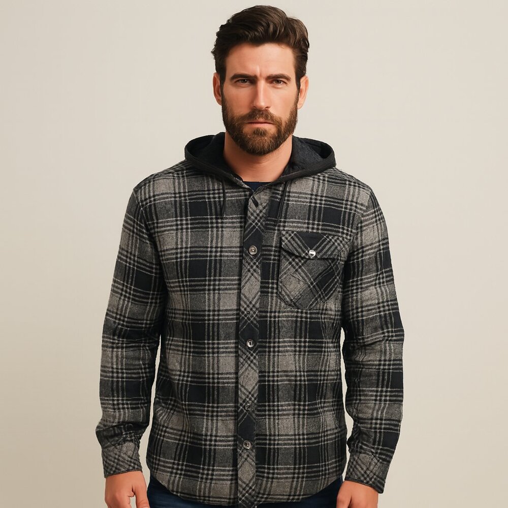 Kolby Men's Black and Gray Plaid Casual Flannel Hooded Button Down Shirt Size L